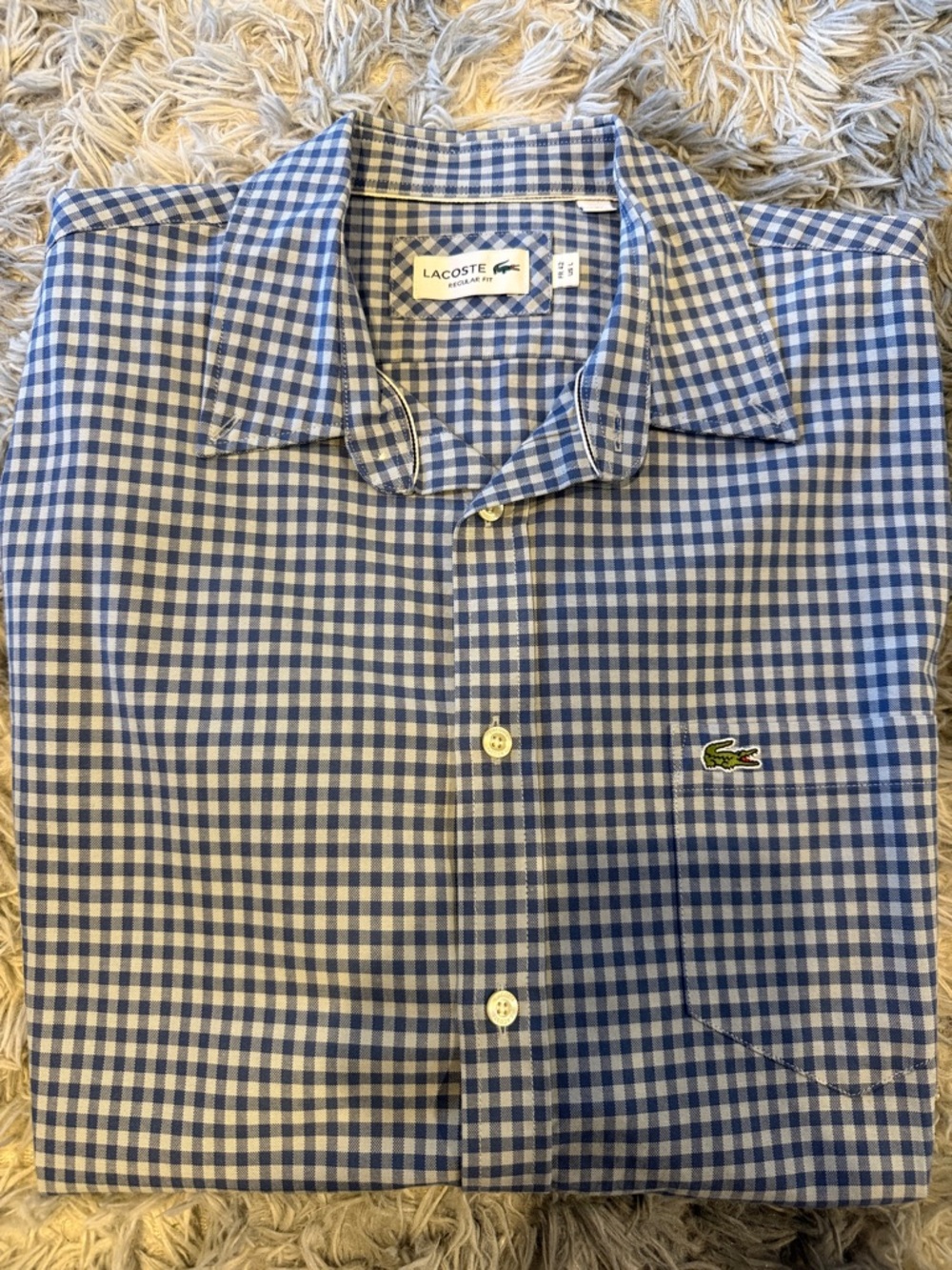 Lacoste Men's Blue and White Gingham Button-Down Shirt Large